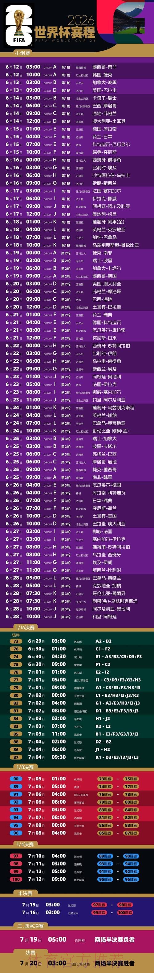 2026世界杯每日赛程今日最新时间表实时查看